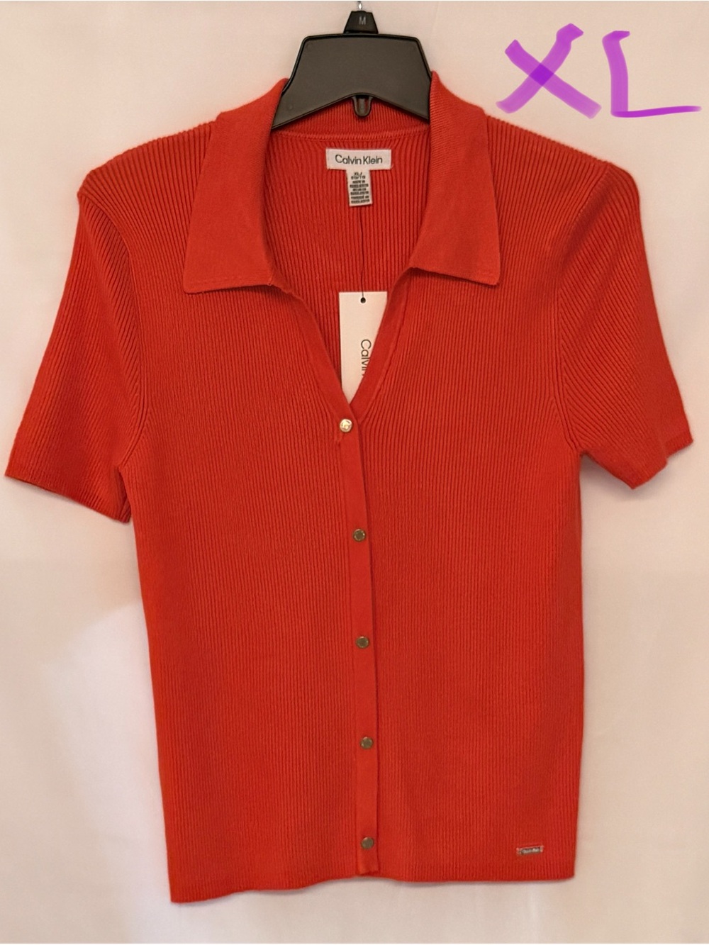 Calvin Klein Ribbed Short-Sleeve Button-Front Top - Orange
